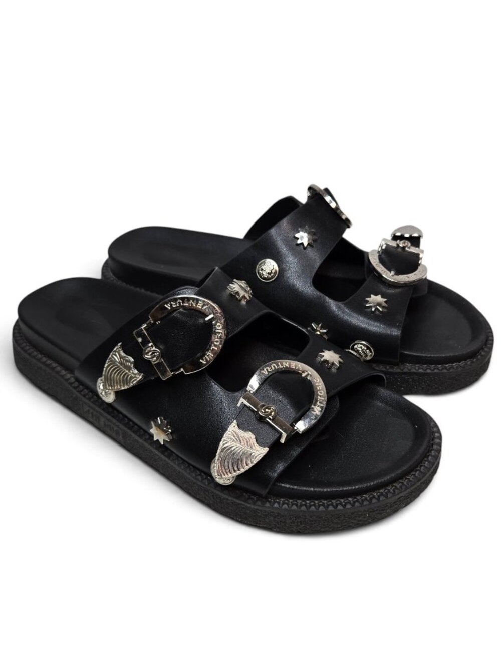 Vittorio Ventura Silver Studded Sandals Womens Goth Metal Buckle Slide 13